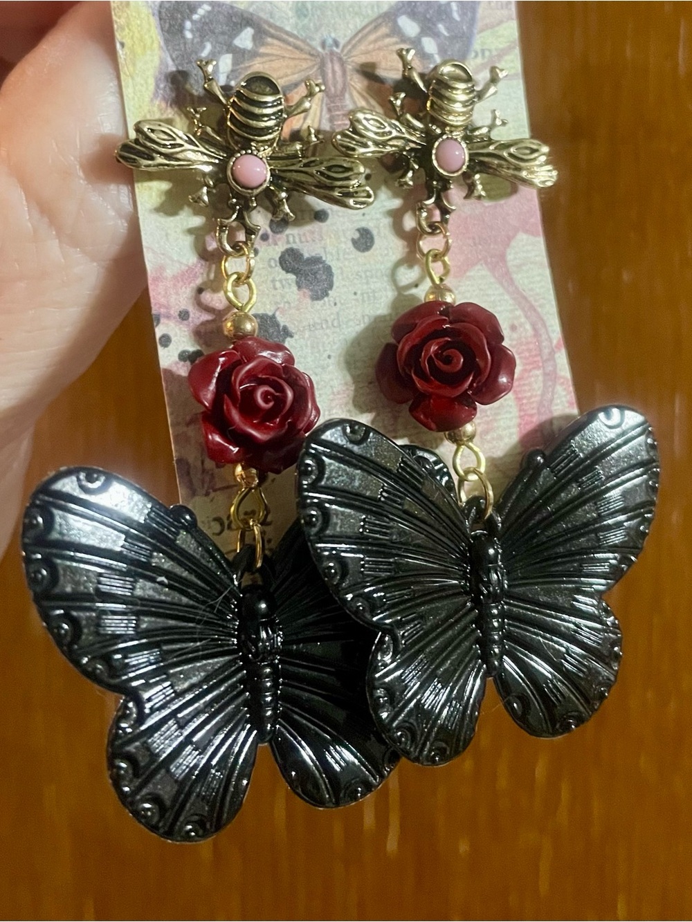 Antiqued Gold Bee, Red Rose & Black Butterfly Drop Earrings - Picture 3 of 4